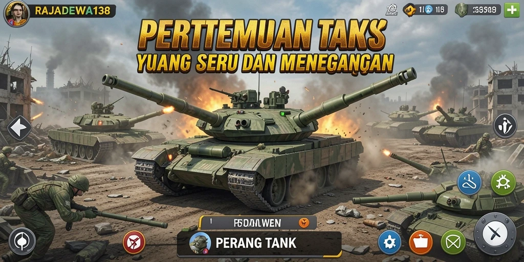 Tangkapan layar antarmuka RAJADEWA138 menampilkan pertempuran tank yang mendebarkan.